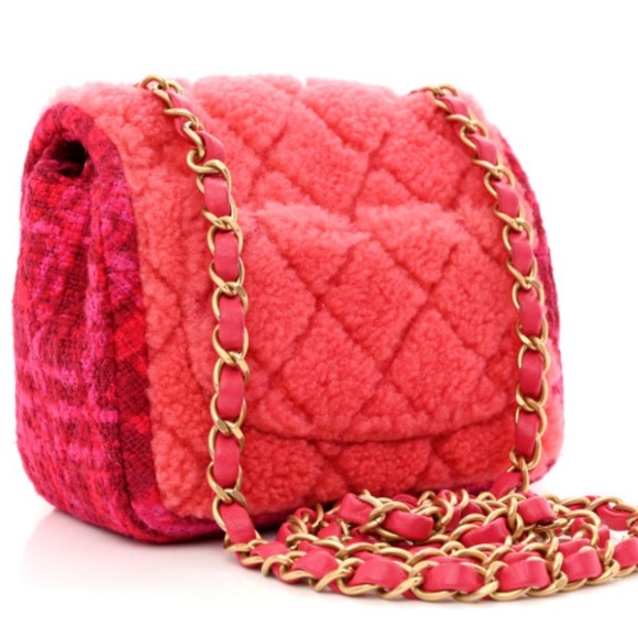 CHANEL π RARE 2 Tone Pink & Peach Faux Fur Shearling Quilted Tweed Matte Gold - Picture 4 of 15